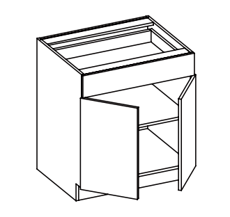 Line drawing of a cabinet with one door open and two shelves inside.